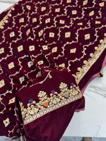 3PC MEHROON PURE VELVET FANCY HEAVY EMBROIDERED