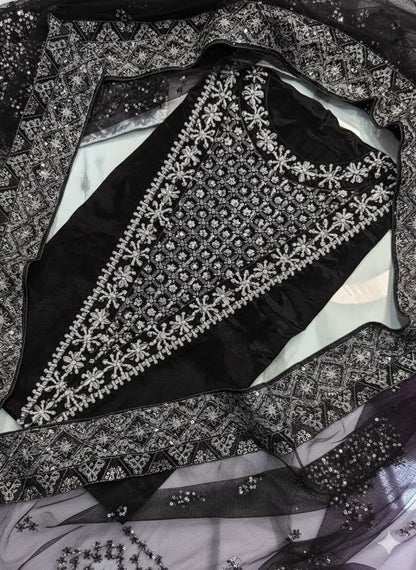 4PC BLACK RAW SILK FANCY SUIT FULLY EMBROIDERED WORK