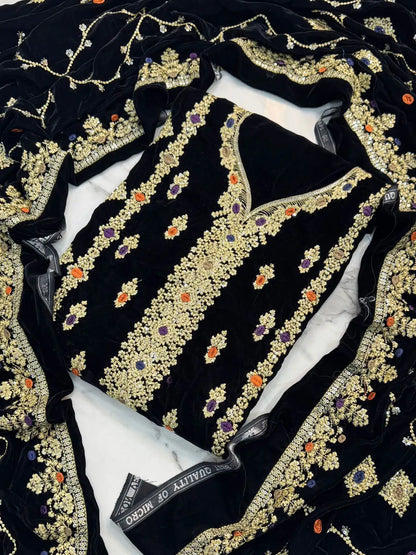 3PC BLACK PURE VELVET FANCY HEAVY EMBROIDERED