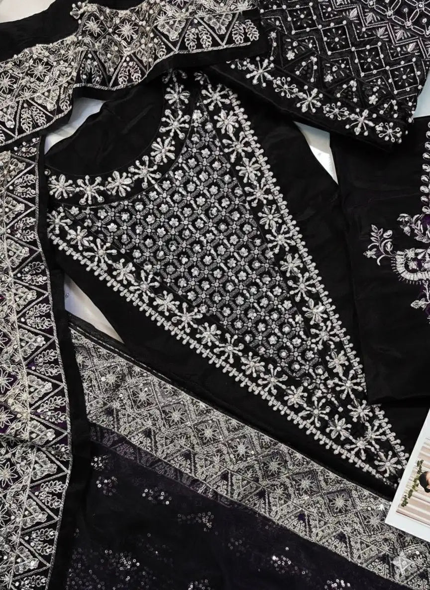 4PC BLACK RAW SILK FANCY SUIT FULLY EMBROIDERED WORK