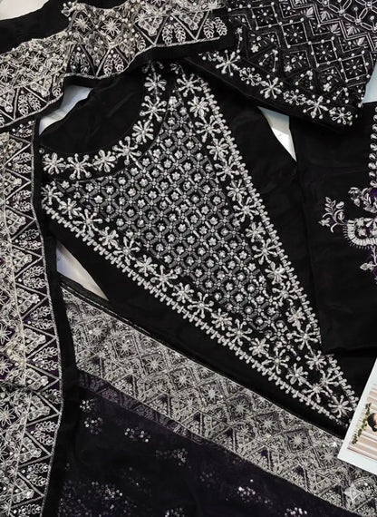4PC BLACK RAW SILK FANCY SUIT FULLY EMBROIDERED WORK