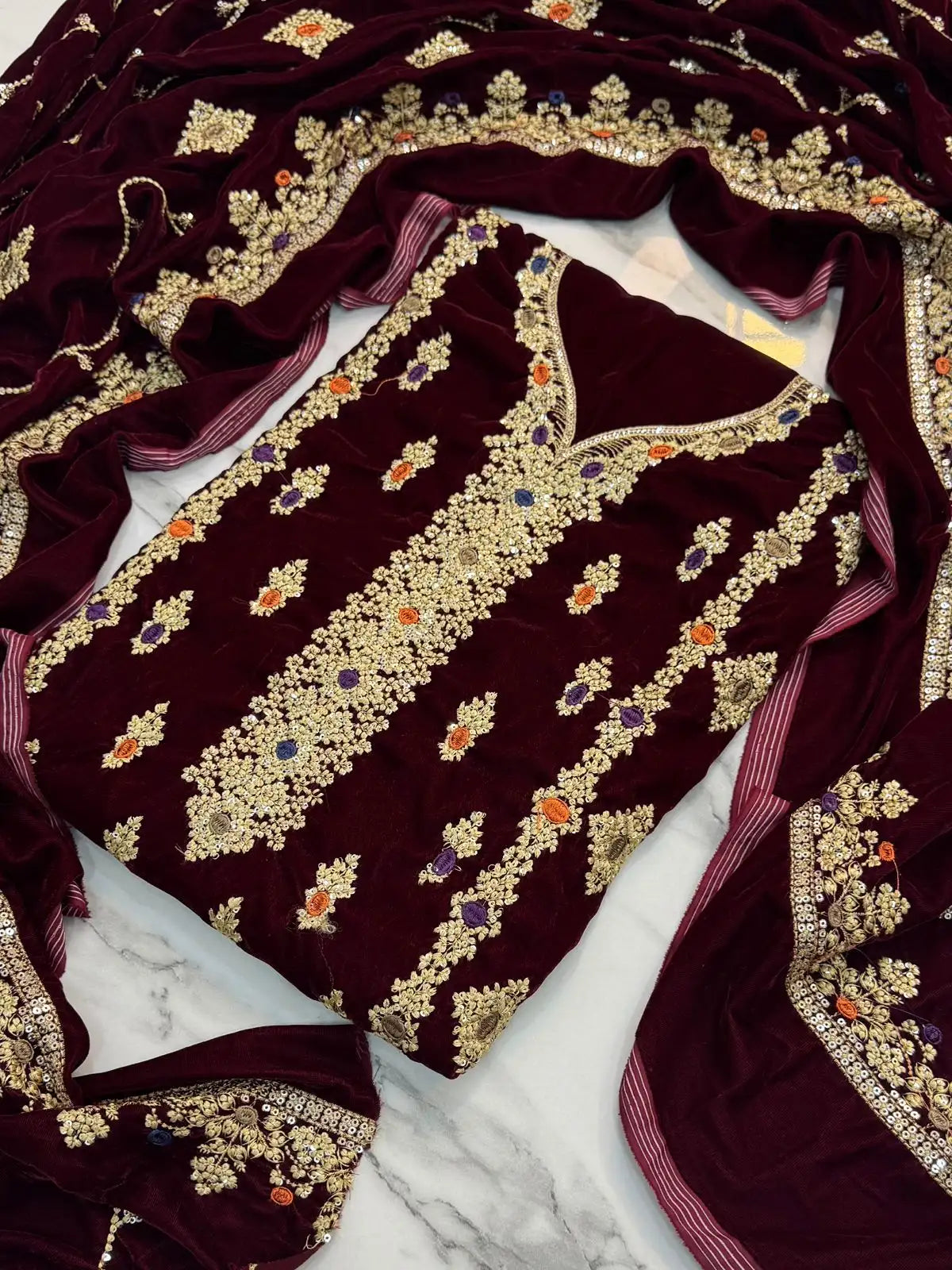 3PC MEHROON PURE VELVET FANCY HEAVY EMBROIDERED