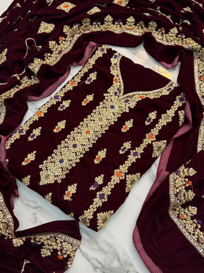 3PC MEHROON PURE VELVET FANCY HEAVY EMBROIDERED