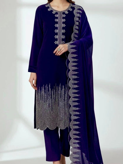 3PC BLUE PURE VELVET FANCY HEAVY EMBROIDERED