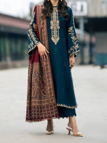 3PC PURE DHANAK HEAVY EMBROIDERED