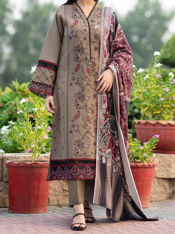 3PC PURE DHANAK HEAVY EMBROIDERED
