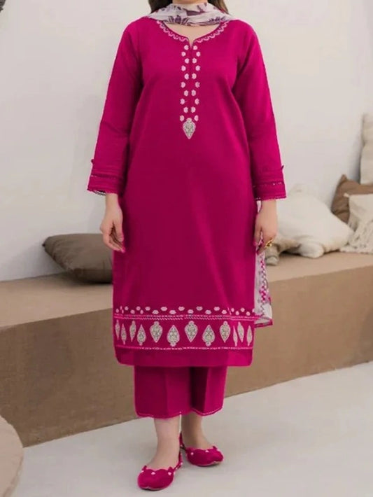 3PC PURE DHANAK HEAVY EMBROIDERED