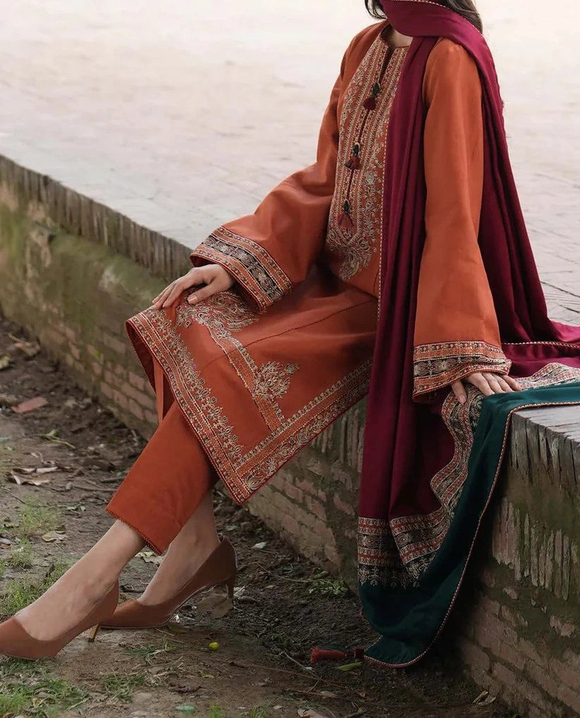 3PC PURE DHANAK HEAVY EMBROIDERED