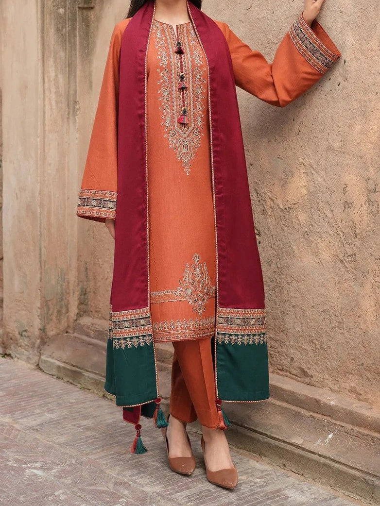 3PC PURE DHANAK HEAVY EMBROIDERED