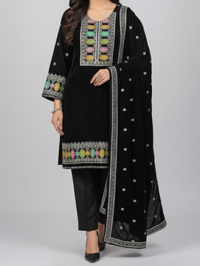 3PC BLACK PURE VELVET FANCY HEAVY EMBROIDERED