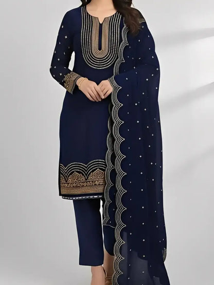 3PC NAVY BLUE PURE VELVET FANCY HEAVY EMBROIDERED