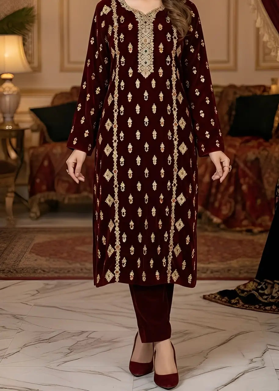 3PC MEHROON PURE VELVET FANCY HEAVY EMBROIDERED