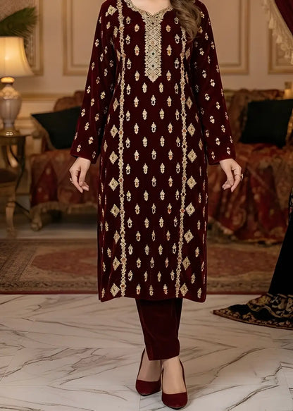 3PC MEHROON PURE VELVET FANCY HEAVY EMBROIDERED