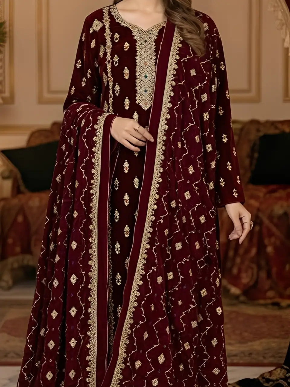 3PC MEHROON PURE VELVET FANCY HEAVY EMBROIDERED
