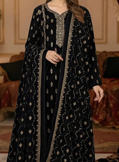 3PC BLACK PURE VELVET FANCY HEAVY EMBROIDERED
