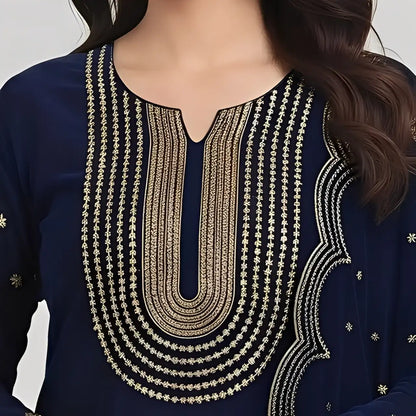 3PC NAVY BLUE PURE VELVET FANCY HEAVY EMBROIDERED