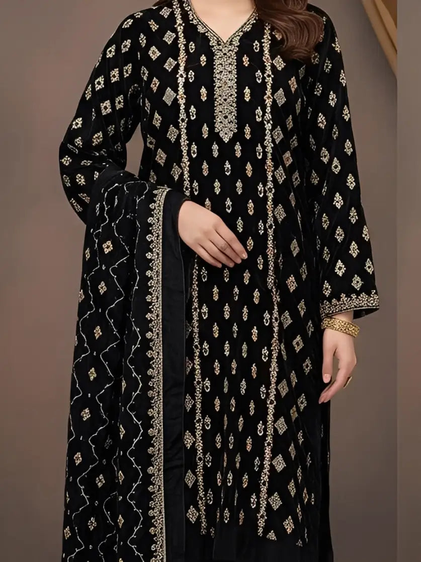 3PC BLACK PURE VELVET FANCY HEAVY EMBROIDERED