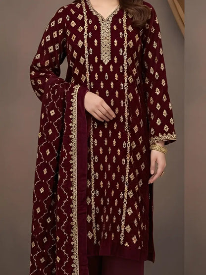 3PC MEHROON PURE VELVET FANCY HEAVY EMBROIDERED