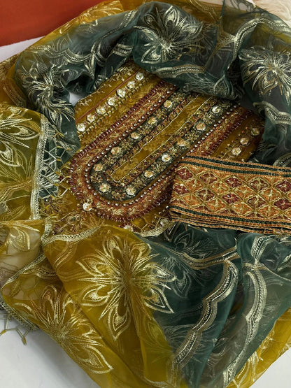 4PC MEHNDI BRANDED FANCY SUIT FULLY EMBROIDERED WORK