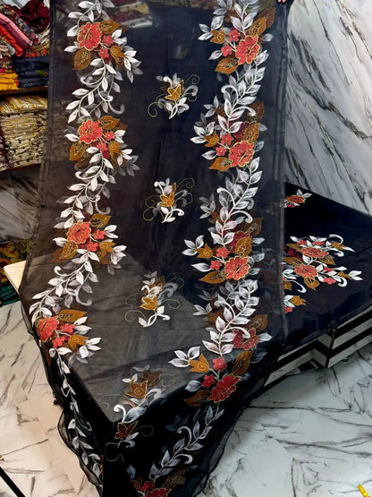 4PC BLACK ORGANZA HEAVY HAND PAINT FULLY GOTTA WORK