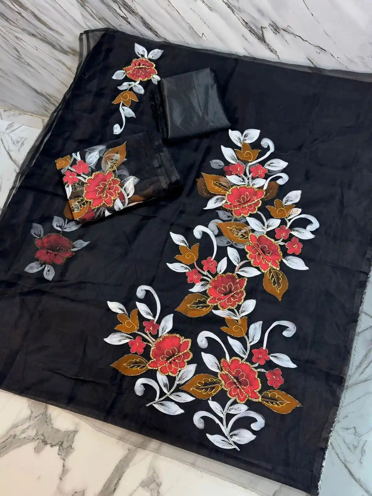 4PC BLACK ORGANZA HEAVY HAND PAINT FULLY GOTTA WORK