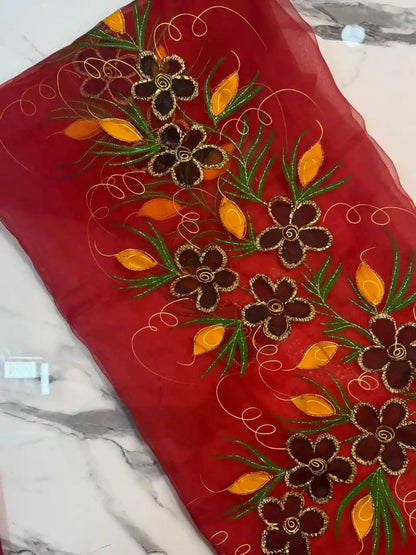 4PC RED ORGANZA HEAVY HAND PAINT FULLY GOTTA WORK