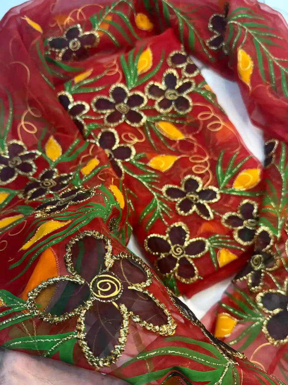 4PC RED ORGANZA HEAVY HAND PAINT FULLY GOTTA WORK