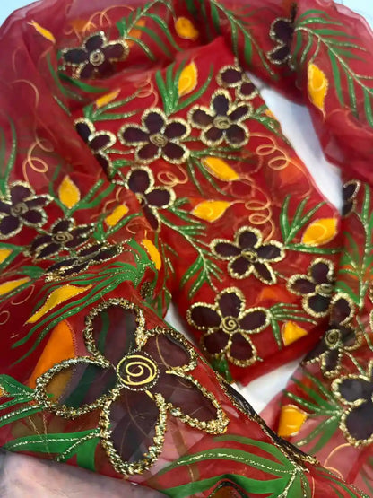 4PC RED ORGANZA HEAVY HAND PAINT FULLY GOTTA WORK
