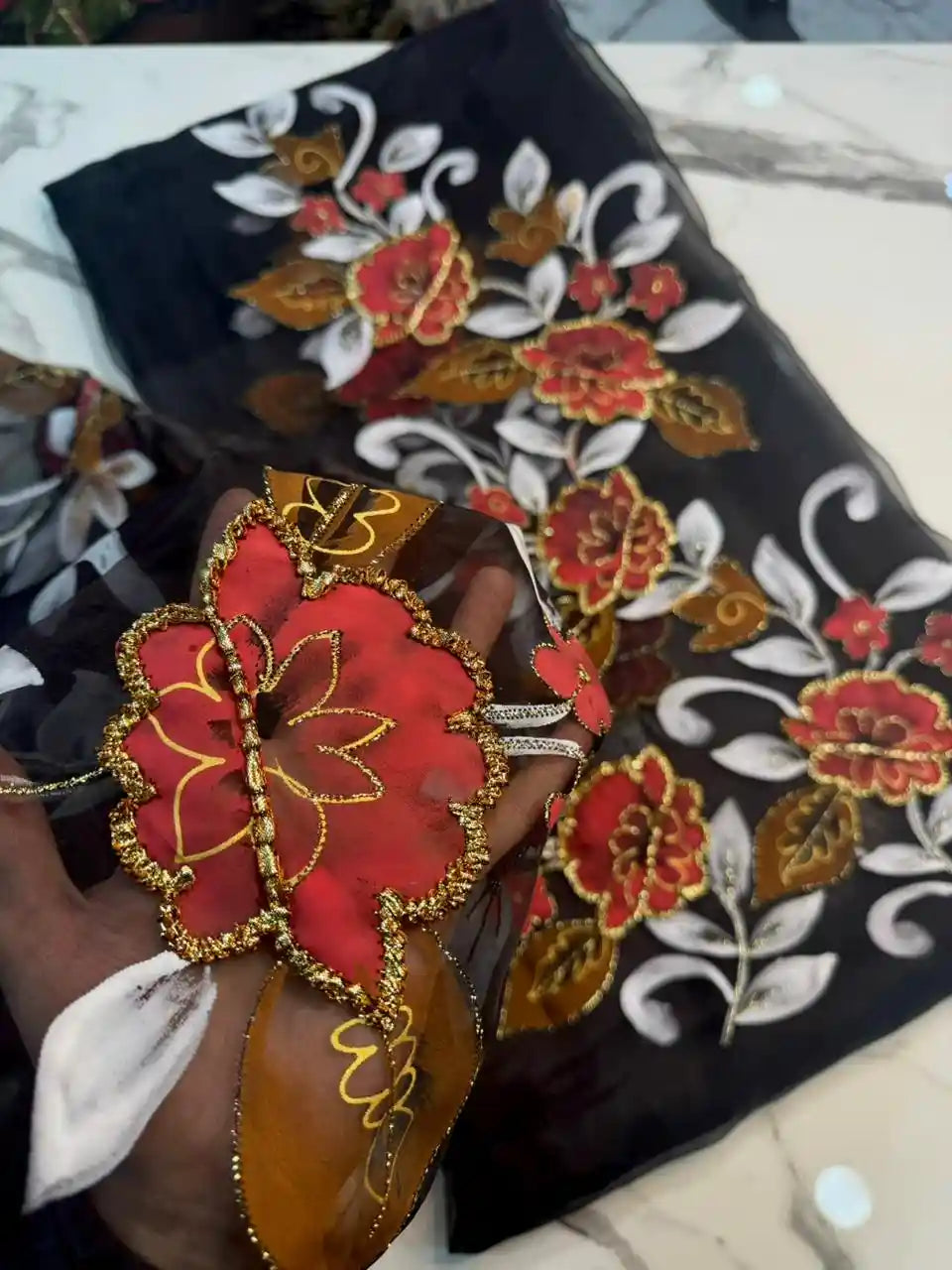 4PC BLACK ORGANZA HEAVY HAND PAINT FULLY GOTTA WORK