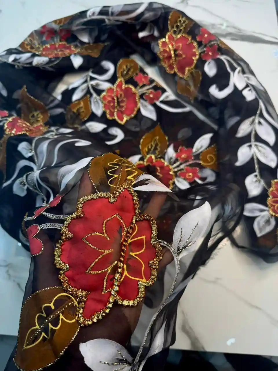 4PC BLACK ORGANZA HEAVY HAND PAINT FULLY GOTTA WORK
