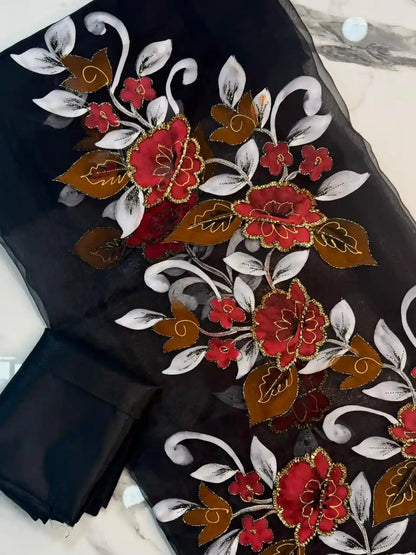 4PC BLACK ORGANZA HEAVY HAND PAINT FULLY GOTTA WORK