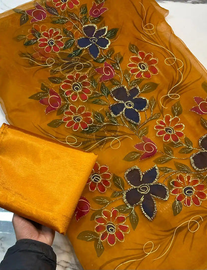 4PC MUSTARD ORGANZA HEAVY HAND PAINT FULLY GOTTA WORK