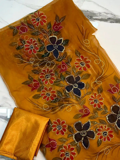4PC MUSTARD ORGANZA HEAVY HAND PAINT FULLY GOTTA WORK