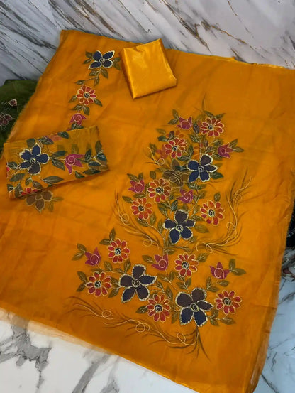 4PC MUSTARD ORGANZA HEAVY HAND PAINT FULLY GOTTA WORK