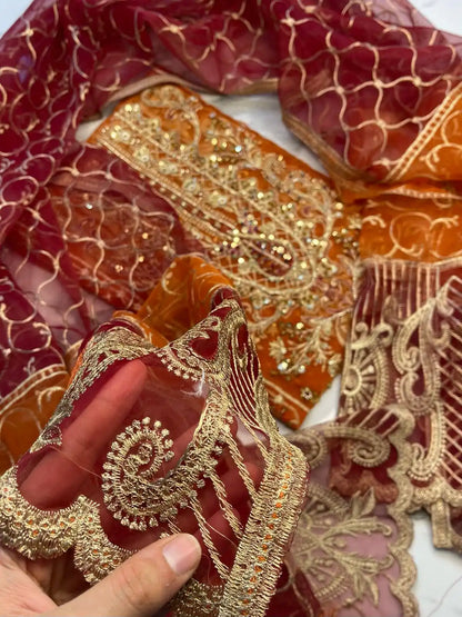 4PC ORANGE FANCY HEAVY EMBROIDERY WORK PREMIUM STUFF