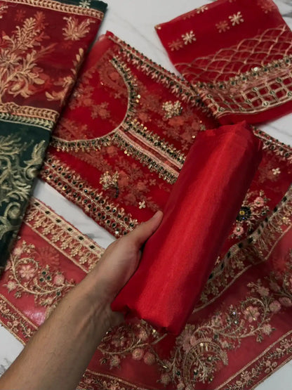 4PC RED FANCY HEAVY EMBROIDERY WORK