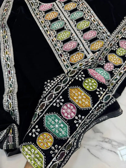 3PC BLACK PURE VELVET FANCY HEAVY EMBROIDERED