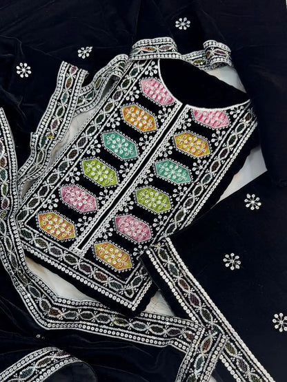 3PC BLACK PURE VELVET FANCY HEAVY EMBROIDERED