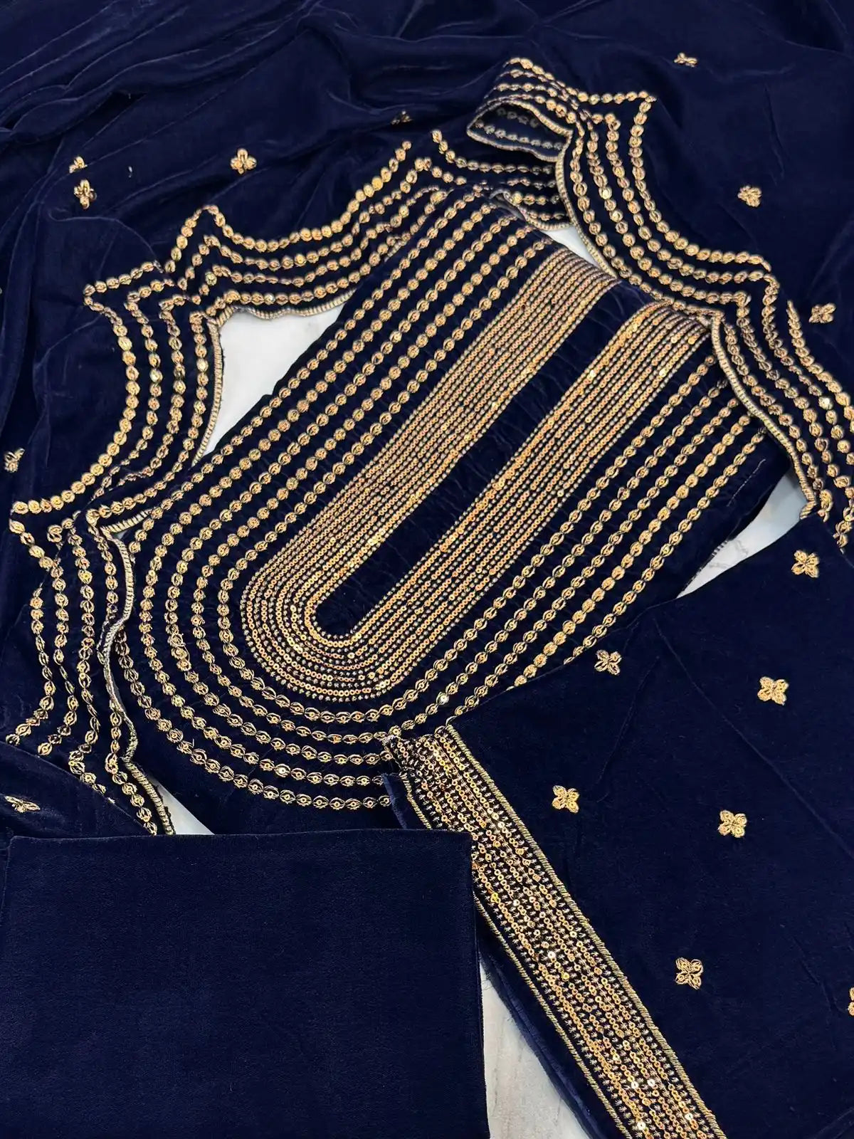 3PC BLUE PURE VELVET FANCY HEAVY EMBROIDERED