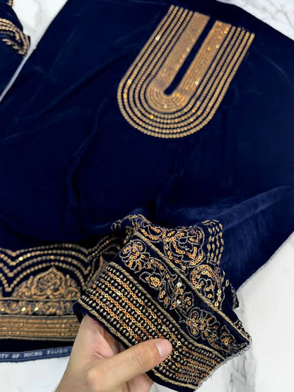 3PC BLUE PURE VELVET FANCY HEAVY EMBROIDERED