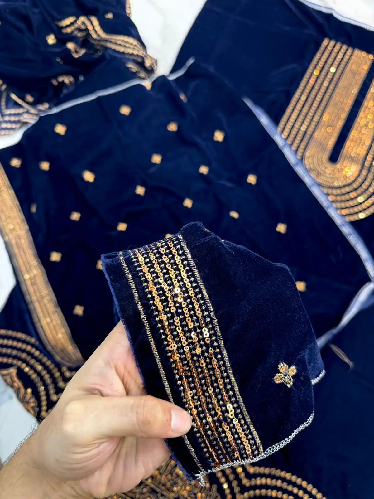 3PC BLUE PURE VELVET FANCY HEAVY EMBROIDERED