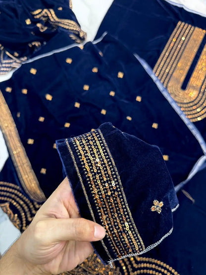 3PC BLUE PURE VELVET FANCY HEAVY EMBROIDERED