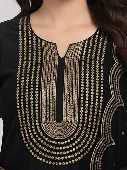 3PC BLACK PURE VELVET FANCY HEAVY EMBROIDERED