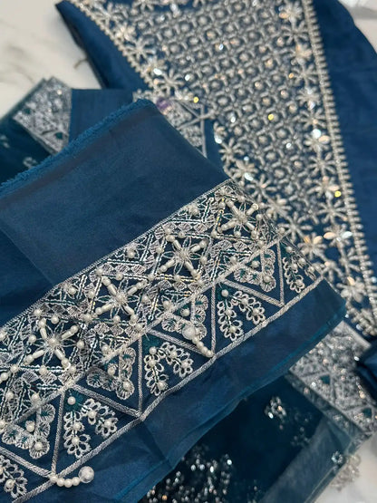 4PC ZINC RAW SILK FANCY SUIT FULLY EMBROIDERED WORK