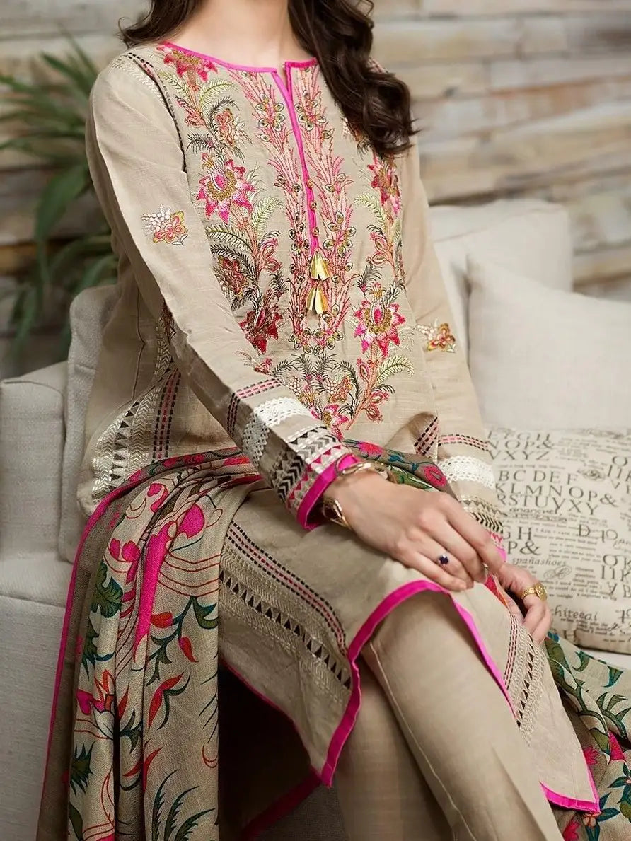 3PC PURE DHANAK HEAVY EMBROIDERED
