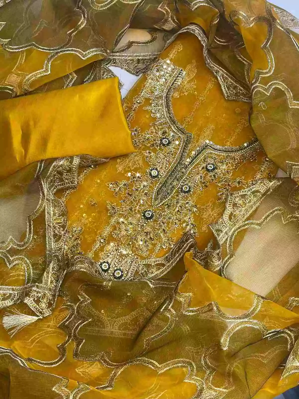 4PC MUSTARD FANCY HEAVY EMBROIDERY WORK PREMIUM STUFF