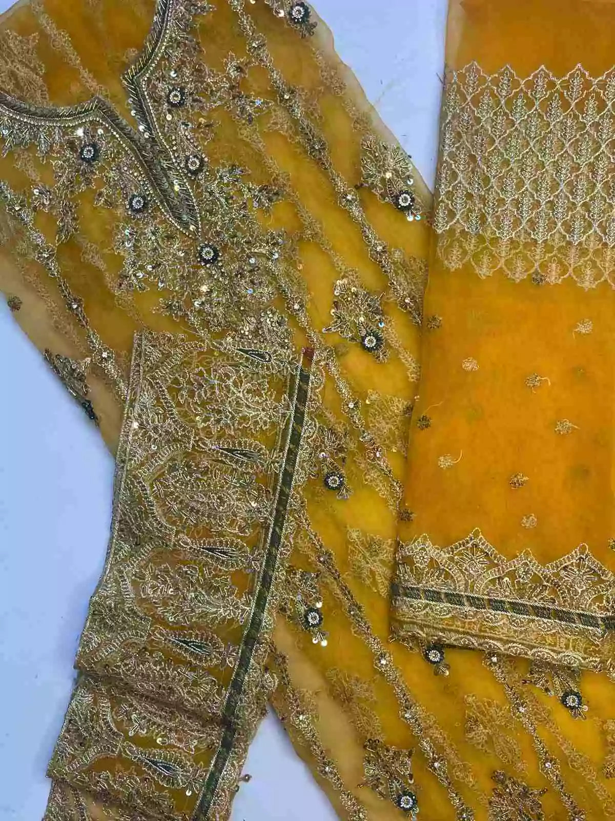 4PC MUSTARD FANCY HEAVY EMBROIDERY WORK PREMIUM STUFF