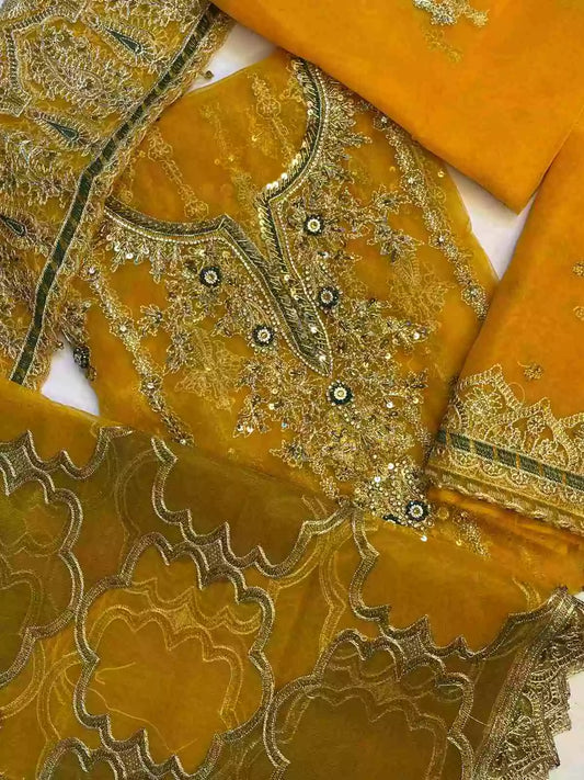 4PC MUSTARD FANCY HEAVY EMBROIDERY WORK PREMIUM STUFF