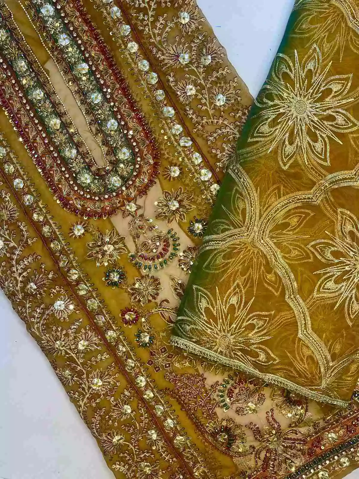 4PC MEHNDI BRANDED FANCY SUIT FULLY EMBROIDERED WORK