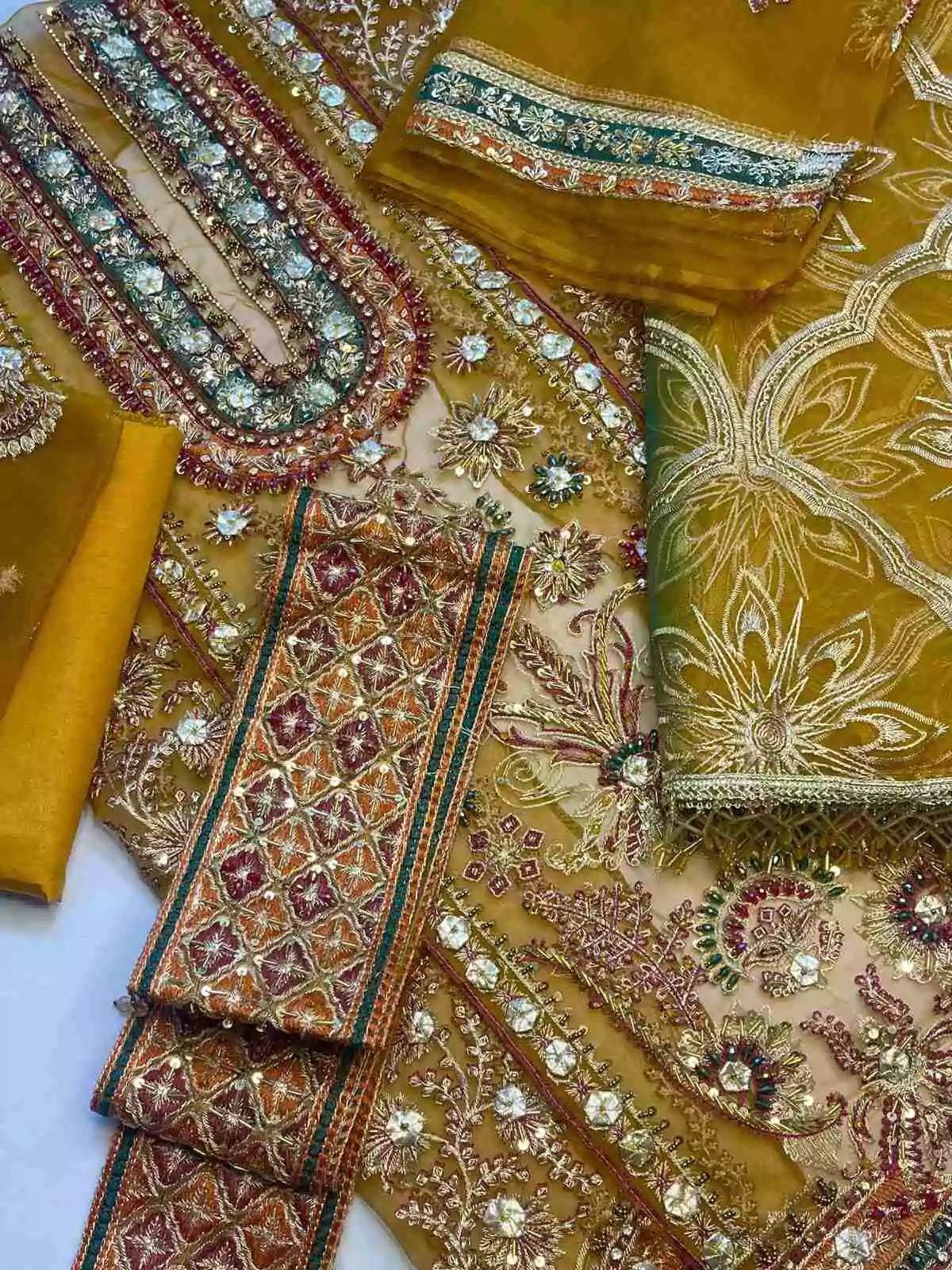 4PC MEHNDI BRANDED FANCY SUIT FULLY EMBROIDERED WORK